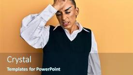  Presentation with long hair man - Beautiful PPT layouts featuring hispanic-man-wearing-make-up backdrop and a navy blue colored foreground