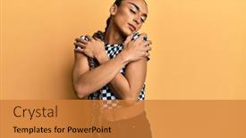  Presentation with hair care - Beautiful presentation design featuring hispanic-man-wearing-make-up backdrop and a gold colored foreground