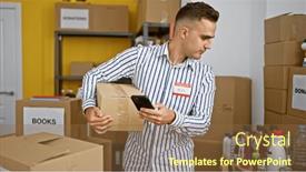  Presentation with warehouse - PPT theme having hispanic-man-with-a-nametag and a tawny brown colored foreground