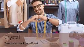  Presentation with romantic love - Presentation theme featuring hispanic-man-with-beard-dressmaker background and a violet colored foreground