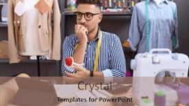  Presentation with anxiety - Presentation theme consisting of hispanic-man-with-beard-dressmaker background and a coral colored foreground