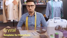  Presentation with crying - Presentation design featuring hispanic-man-with-beard-dressmaker background and a violet colored foreground