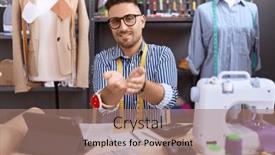  Presentation with working together - Theme with hispanic-man-with-beard-dressmaker background and a coral colored foreground