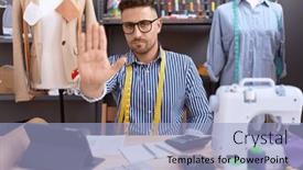  Presentation with hand palm - Slide deck with hispanic-man-with-beard-dressmaker background and a light blue colored foreground