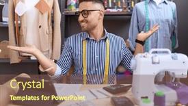  Presentation with human hands open palm up - Slides having hispanic-man-with-beard-dressmaker background and a violet colored foreground