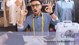  Presentation with beard - PPT theme with hispanic-man-with-beard-dressmaker background and a light blue colored foreground