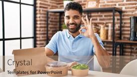  Presentation with friendly - Presentation enhanced with hispanic-man-with-beard-eating background and a  colored foreground