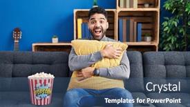  Presentation with popcorn movie - PPT theme consisting of hispanic-man-with-beard-eating background and a ocean colored foreground