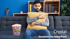  Presentation with popcorn movie - Presentation design with hispanic-man-with-beard-eating background and a ocean colored foreground