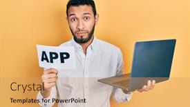  Presentation with computer - Colorful presentation enhanced with hispanic-man-with-beard-holding backdrop and a coral colored foreground