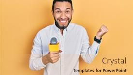  Presentation with celebrate office success - Audience pleasing presentation theme consisting of hispanic-man-with-beard-holding backdrop and a yellow colored foreground