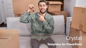  Presentation with new home - PPT theme with hispanic-man-with-beard-holding background and a coral colored foreground