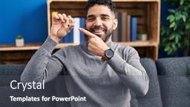  Presentation with virtual hand - Slides having hispanic-man-with-beard-holding background and a dark gray colored foreground