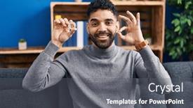  Presentation with virtual - Presentation theme enhanced with hispanic-man-with-beard-holding background and a gray colored foreground