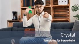  Presentation with ribbon green - Presentation design having hispanic-man-with-beard-holding background and a ocean colored foreground