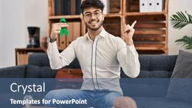  Presentation with ribbon green - PPT theme having hispanic-man-with-beard-holding background and a ocean colored foreground