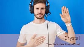  Presentation with music headphones - PPT theme having hispanic-man-with-beard-listening background and a lemonade colored foreground