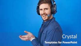  Presentation with advertisement - Presentation theme enhanced with hispanic-man-with-beard-listening background and a ocean colored foreground