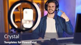  Presentation with recording - PPT layouts featuring hispanic-man-with-beard-recording background and a navy blue colored foreground