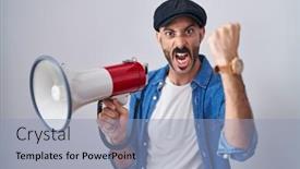  Presentation with yelling - Slide set having hispanic-man-with-beard-shouting background and a light blue colored foreground