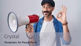  Presentation with friendly - PPT theme featuring hispanic-man-with-beard-shouting background and a  colored foreground