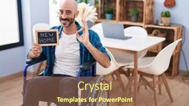  Presentation with new home - PPT theme featuring hispanic-man-with-beard-sitting background and a  colored foreground