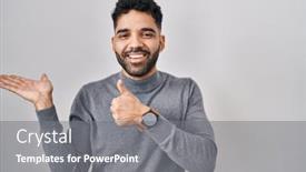  Presentation with hand palm - Presentation theme consisting of hispanic-man-with-beard-standing background and a gray colored foreground