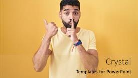  Presentation with beard - Slide deck consisting of hispanic-man-with-beard-standing background and a yellow colored foreground