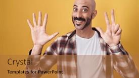  Presentation with eight - Presentation theme having hispanic-man-with-beard-standing background and a red colored foreground