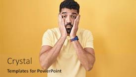 Presentation with sadness - Slides featuring hispanic-man-with-beard-standing background and a yellow colored foreground