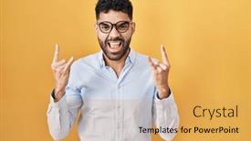  Presentation with yellow music - PPT layouts featuring hispanic-man-with-beard-standing background and a yellow colored foreground