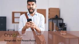  Presentation with smartphone - PPT theme featuring hispanic-man-with-beard-using and a coral colored foreground