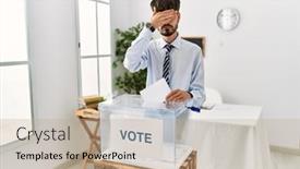  Presentation with voting - Slides featuring hispanic-man-with-beard-voting background and a coral colored foreground