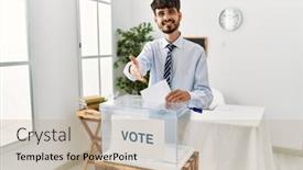  Presentation with voting - Presentation theme consisting of hispanic-man-with-beard-voting background and a coral colored foreground