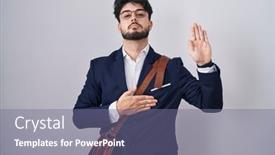  Presentation with hand palm - PPT theme having hispanic-man-with-beard-wearing background and a gray colored foreground