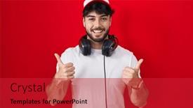  Presentation with winner announcement award success - PPT theme having hispanic-man-with-beard-wearing background and a red colored foreground