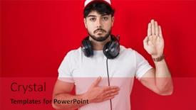  Presentation with human hands open palm up - Slides having hispanic-man-with-beard-wearing background and a red colored foreground