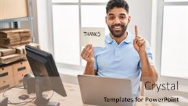  Presentation with office - Slides with hispanic-man-with-beard-working background and a coral colored foreground