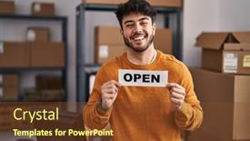  Presentation with business success - Slides with hispanic-man-with-beard-working background and a  colored foreground