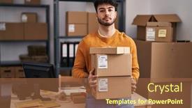  Presentation with simple business - Presentation theme featuring hispanic-man-with-beard-working background and a tawny brown colored foreground