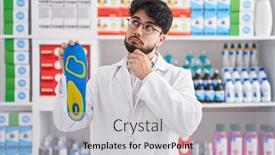  Presentation with pharmacy - Presentation theme with hispanic-man-with-beard-working background and a light gray colored foreground