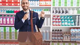  Presentation with salesman - Presentation design featuring hispanic-man-with-beard-working background and a violet colored foreground