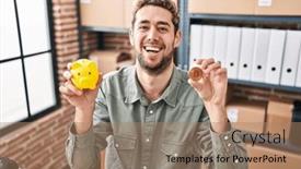  Presentation with bitcoin - Slide set featuring hispanic-man-with-beard-working background and a coral colored foreground
