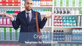  Presentation with salesman - Presentation theme having hispanic-man-with-beard-working background and a ocean colored foreground