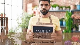  Presentation with upset - PPT theme having hispanic-man-with-beard-working background and a coral colored foreground