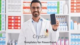  Presentation with pharmacy - Slides with hispanic-man-with-beard-working background and a light gray colored foreground