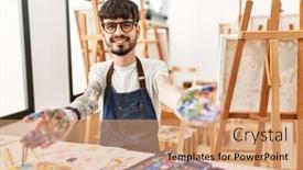  Presentation with art - PPT theme consisting of hispanic-man-with-beard background and a coral colored foreground