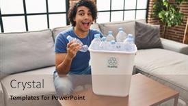  Presentation with plastic recycling - PPT layouts with hispanic-man-with-curly-hair background and a coral colored foreground