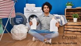  Presentation with laundry detergent - Presentation featuring hispanic-man-with-curly-hair background and a coral colored foreground