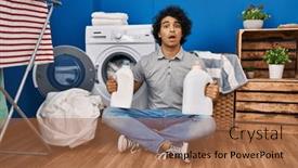  Presentation with laundry detergent - PPT theme enhanced with hispanic-man-with-curly-hair background and a coral colored foreground